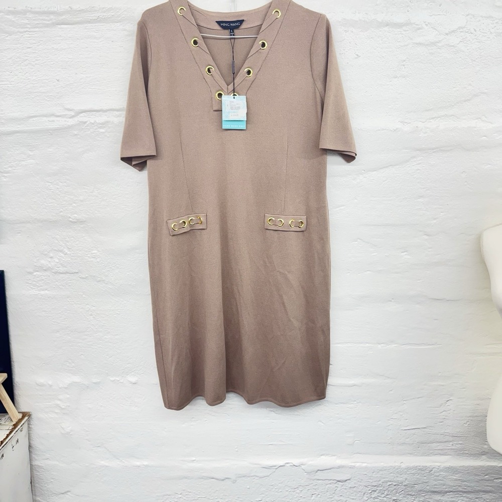 Ming Wang $215 Laced Gold Grommet Trim Knit V Neck Soft Knit Dress Sz L NEW NWT